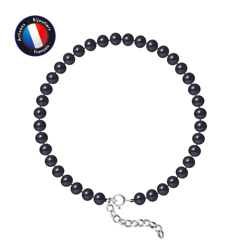 Bracelet- Perles de Culture d'Eau Douce- Semi Ronde 5-6 mm Black Tahiti- Bijou Femme- Argent 925 Millièmes
