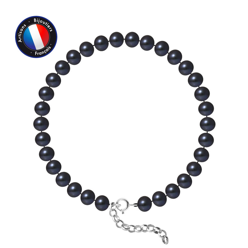Bracelet- Perles de Culture d'Eau Douce- Semi Ronde 6-7 mm Black Tahiti- Argent 925 Millièmes