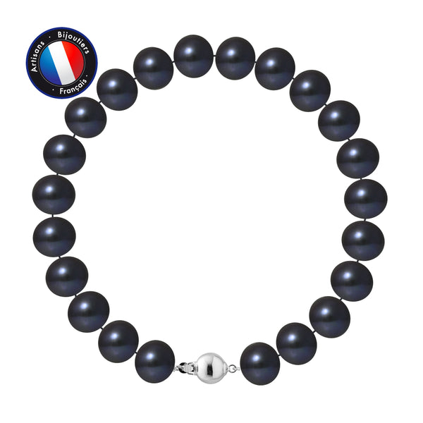 Bracelet- Perles de Culture d'Eau Douce- Semi Ronde 9-10 mm Black Tahiti-  Argent 925 Millièmes