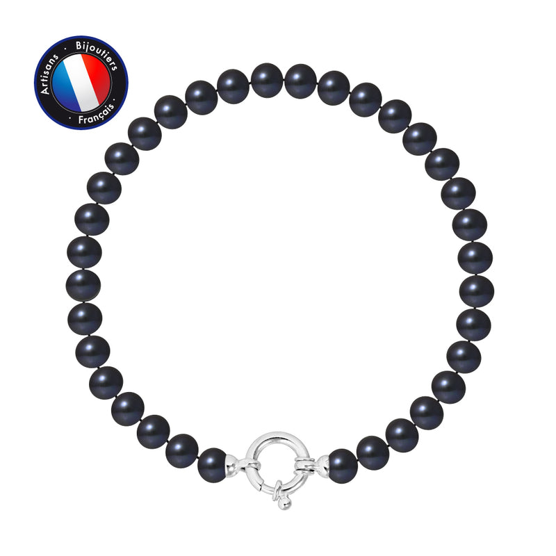 Bracelet- Perles de Culture - Semi Ronde 6-7 mm Black Tahiti- Argent