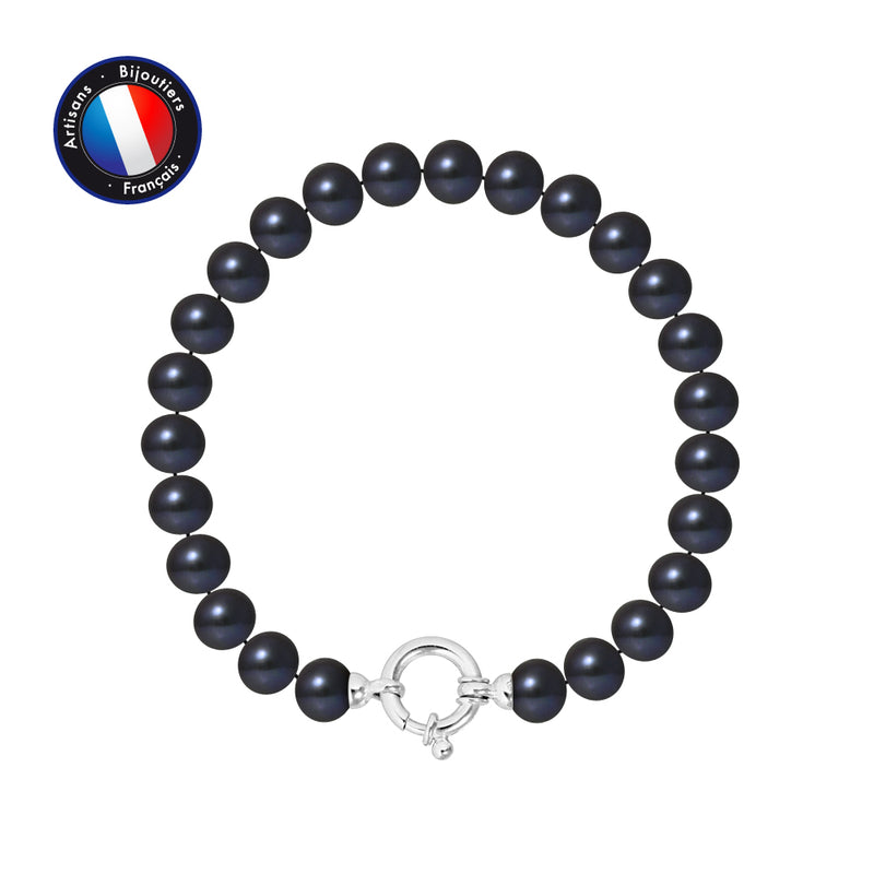 Bracelet- Perles de Culture d'Eau Douce- Semi Ronde 7-8 mm Black Tahiti- Bijou Femme- Argent 925 Millièmes