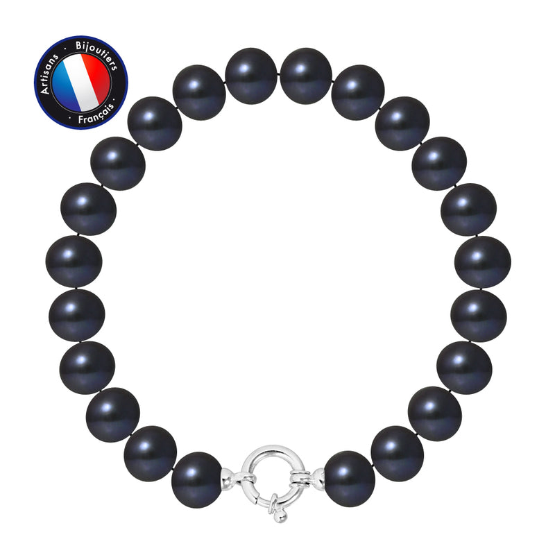 Bracelet- Perles de Culture d'Eau Douce- Semi Ronde 9-10 mm Black Tahiti- Bijou Femme- Argent 925 Millièmes