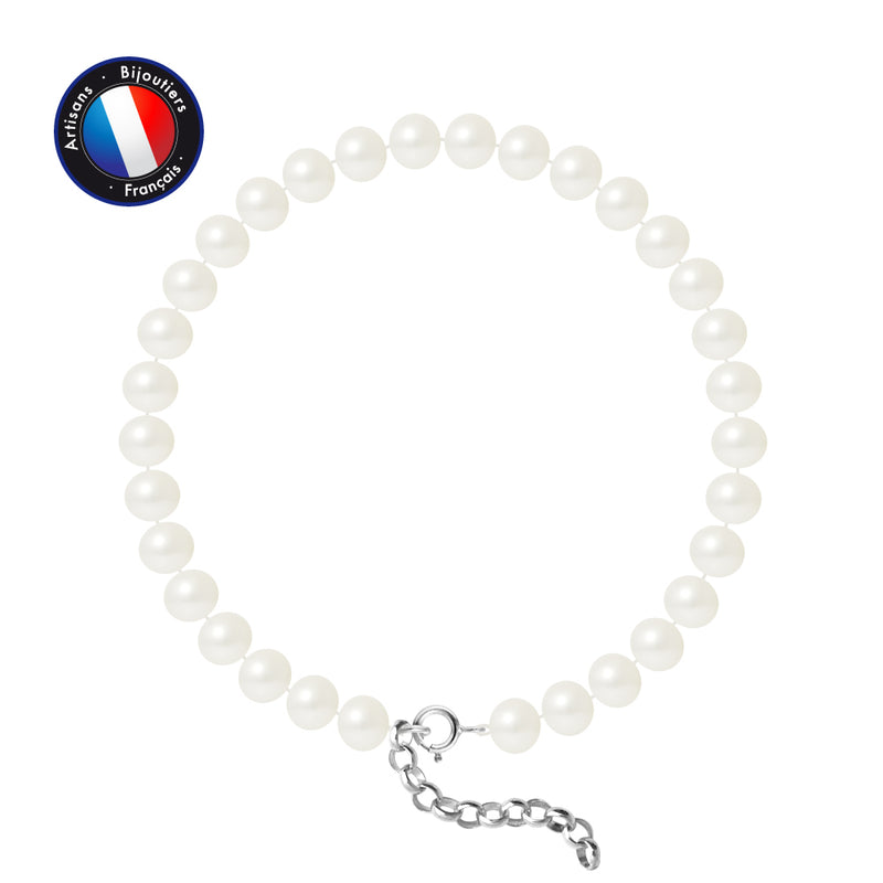 Bracelet- Perles de Culture d'Eau Douce- Semi Ronde 6-7 mm Blanc- Bijou Femme- Argent 925 Millièmes