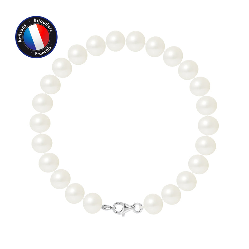 Bracelet- Perles de Culture d'Eau Douce- Semi Ronde 8-9 mm Blanc- Bijou Femme- Argent 925 Millièmes