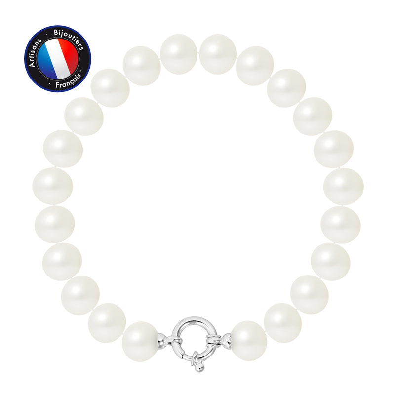 Bracelet- Perles de Culture d'Eau Douce- Semi Ronde 9-10 mm Blanc- Bijou Femme- Argent 925 Millièmes