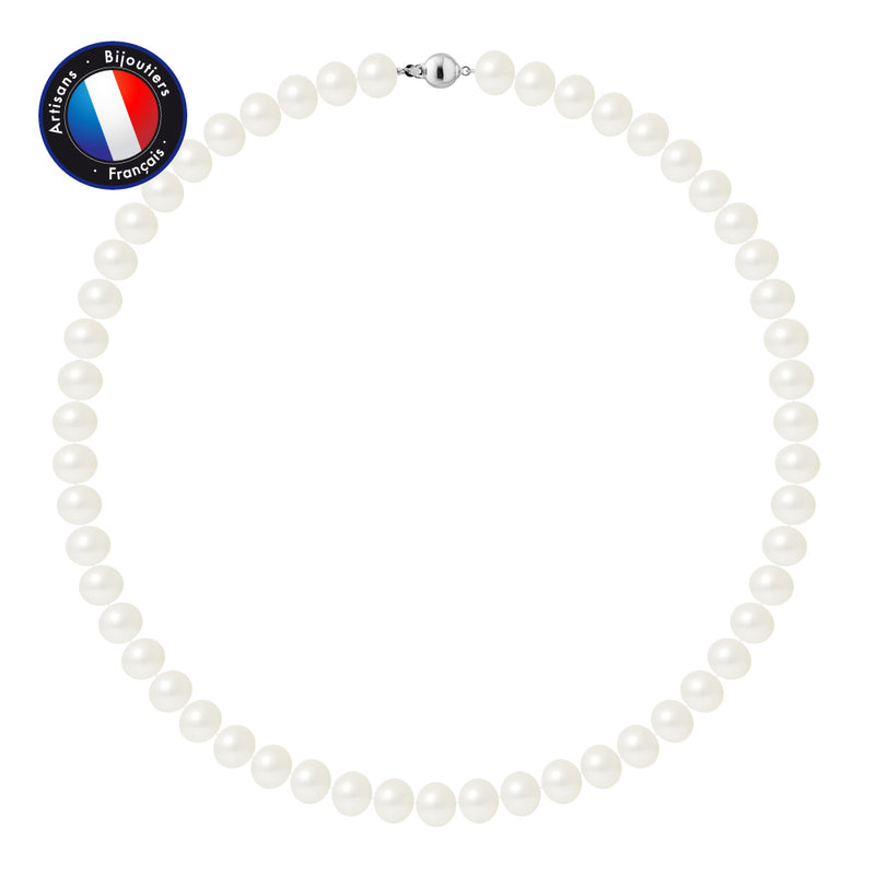 Collier- Perle d'Eau Douce- Semi Ronde 9-10 mm Blanc- Bijou Femme